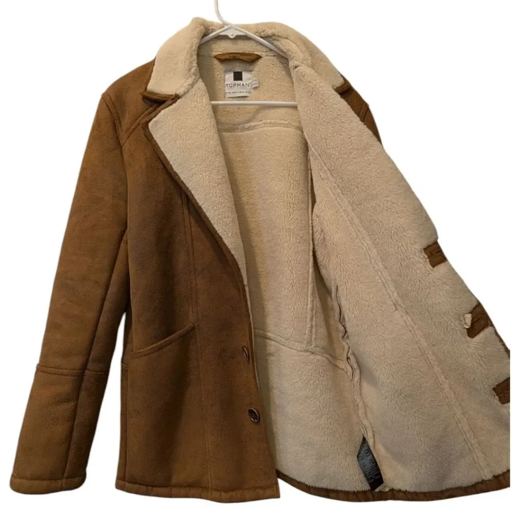 TOPMAN Men's XXS Brown Faux Suede Shearling Fleece Lined Car Coat Jacket